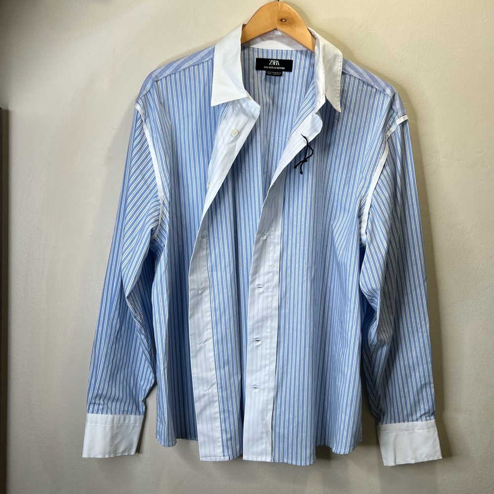 Zara Men's Shirt with Blue and White Stripes Size M